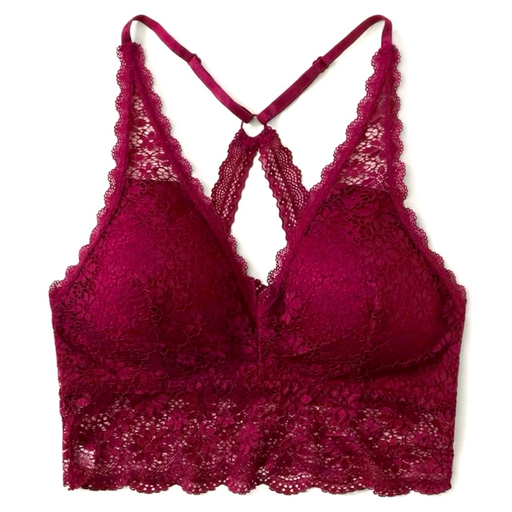 💋Ring Link Floral Burgundy Padded Adjustable Straps Lace Trim Crop Bralette